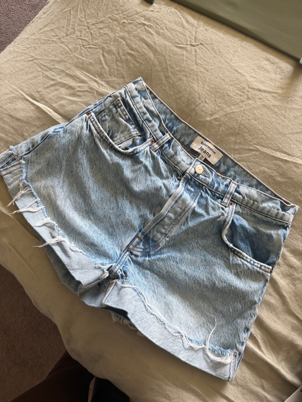 Reformation Light Wash Frayed Hem Denim Shorts